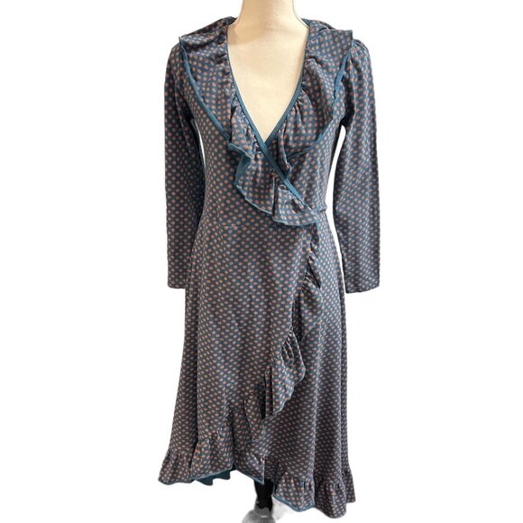 Matilda Jane Dress Womens S Blue Geometric Polka Dot Wrap Ruffle Midi Feminine - Picture 1 of 8